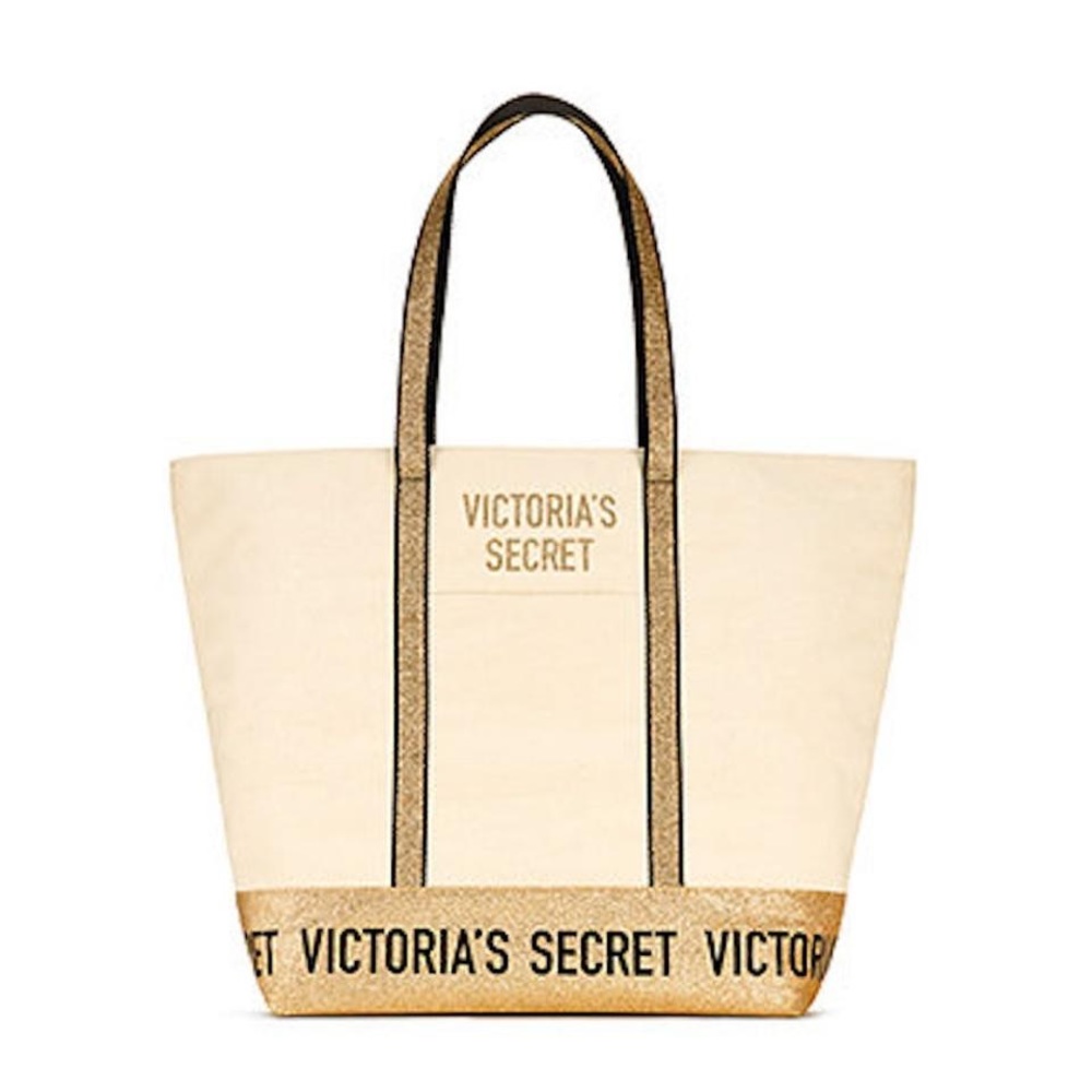 NWT VS Sparkle Zip Top Carryall Beige Canvas Tote - Picture 3 of 6